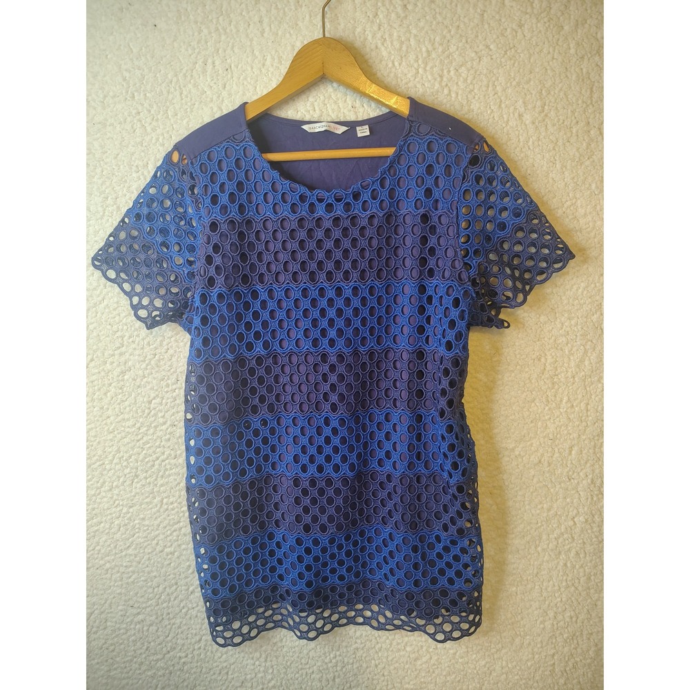 Isaac Mizrahi Live Womens Blue Eyelet Lace Short Sleeve Striped Top Large